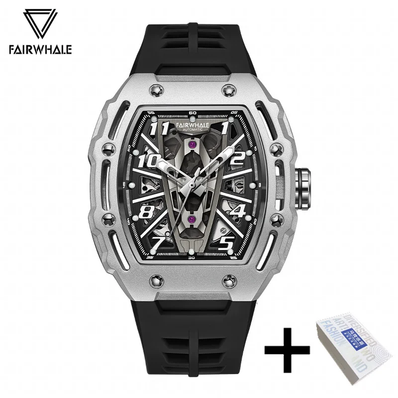 FAIRWHALE Tonneau Automatic Movement Mechanical Watches For Men 6640 Sports Silicone Strap Luminous Waterproof Steel Mens Watch