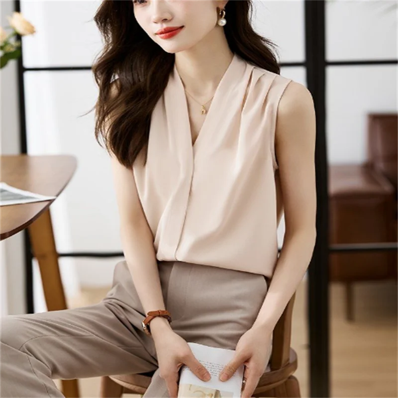 

Summer Sleeveless Top Women Vest Hanging Neck Suspender for Women Chiffon Base Grace Blous V-neck Pllover Fold Female Tank Top