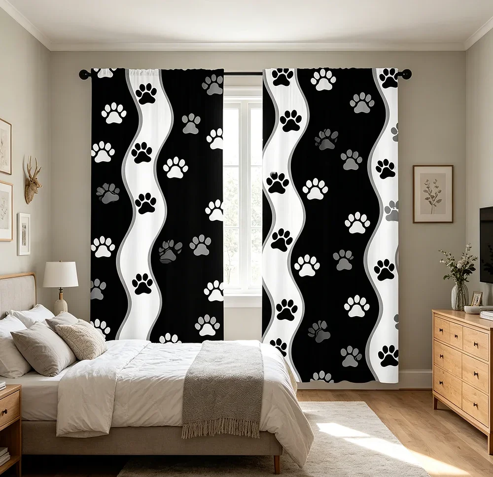 2PCS Digital Printed Curtains with Wave Paw Prints Design, Stylish Window Drapes for Living Room Bedroom Home Decoration