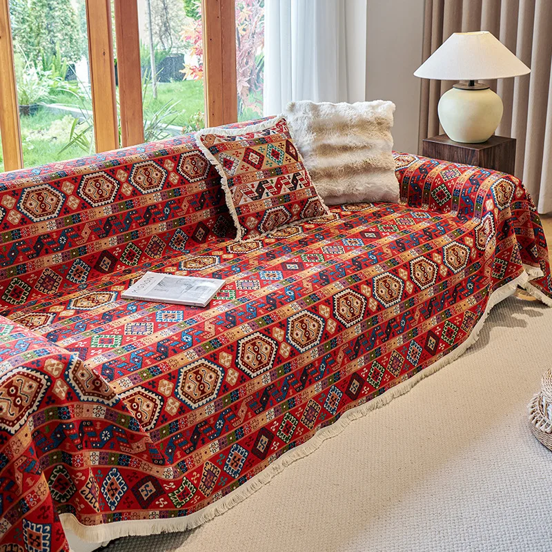 Cotton Linen Cloth Anti-Slip and Anti-Dirty All-Season Scratch-Proof One-Piece Sofa Covers Blanket Boho Retro Sofa Cover