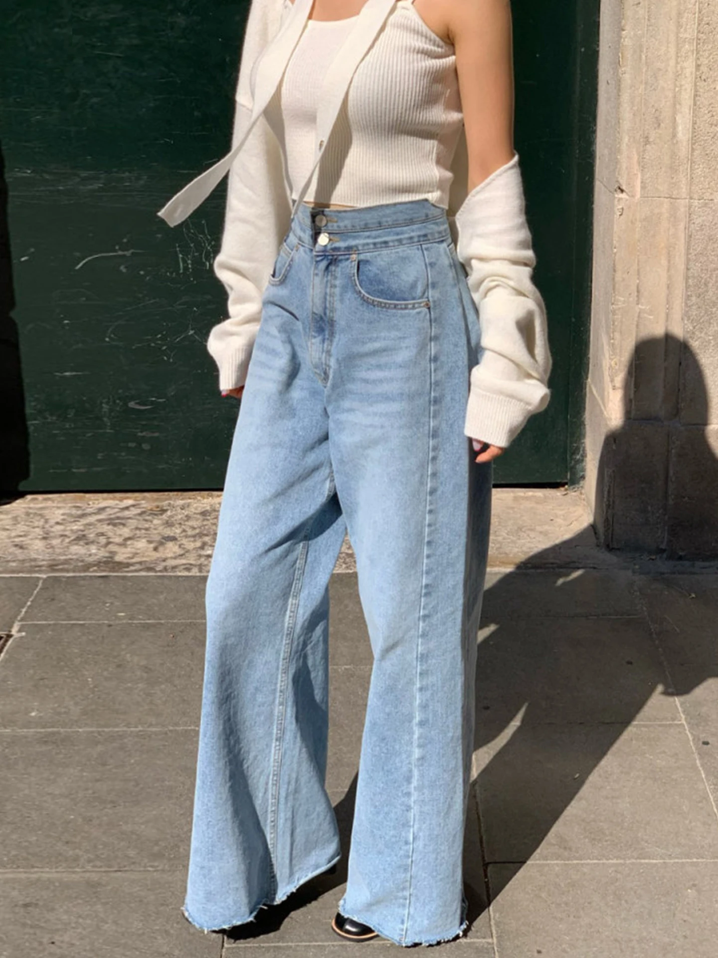

High Waist Wide Leg Jeans Women's Spring New Style Two Buttons Slimming Straight Cut Trousers Retro Elegant Casual Pants