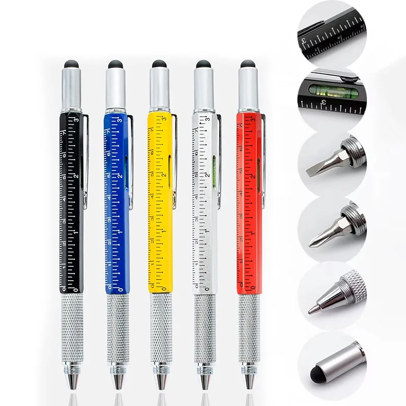 7 In 1 Multi-function Ballpoint Pen Touch Screen Stylus Capacitive Pen with Screwdriver Ruler Levelgauge Refillable Pencil Tools