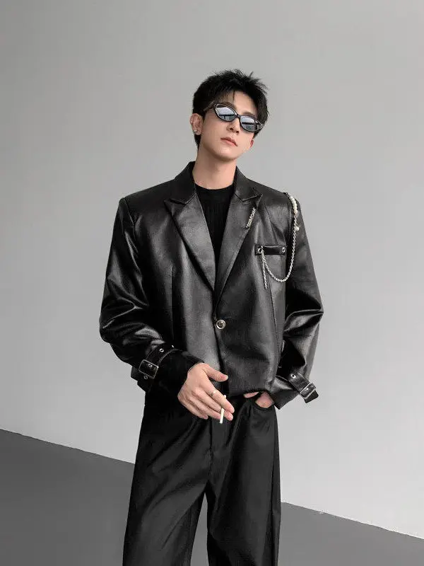 

Кожаная куртка с жемчужной цепочкой и подплечниками, осенне-зимняя модная повседневная мужская куртка-пиджак с длинными рукавами