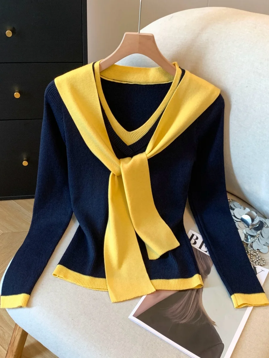 

Корейский вязаный свитер Sle Color Blo и шитье, комплект из двух предметов для женщин, мягкий длинный све, эластичный, обычной длины, осенний вин...