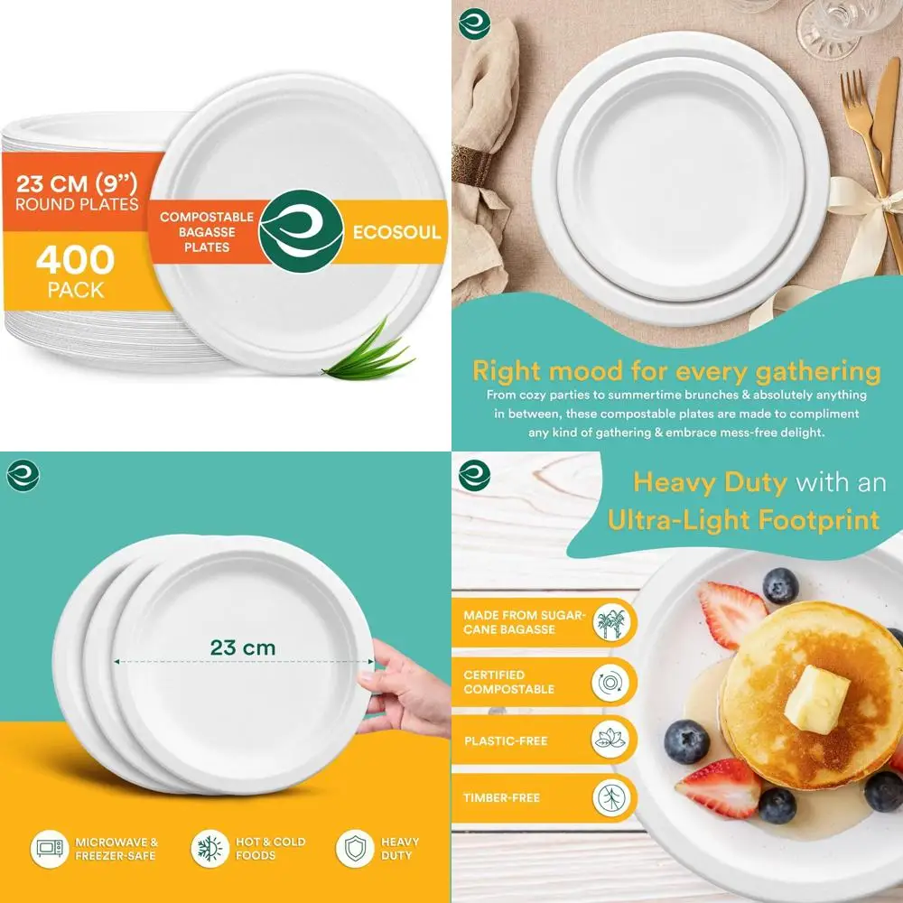 

Компостируемые 9-дюймовые тарелки из белой бумаги — 400 шт., сверхпрочная экологически чистая одноразовая посуда для вечеринок