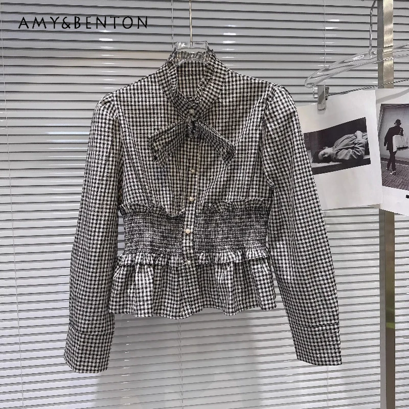 

2026 Spring Women's Clothing Original Design Casual Fashion Sweer Cool Three-dimensional Bow Age Reduction Plaid Shirts Ladies