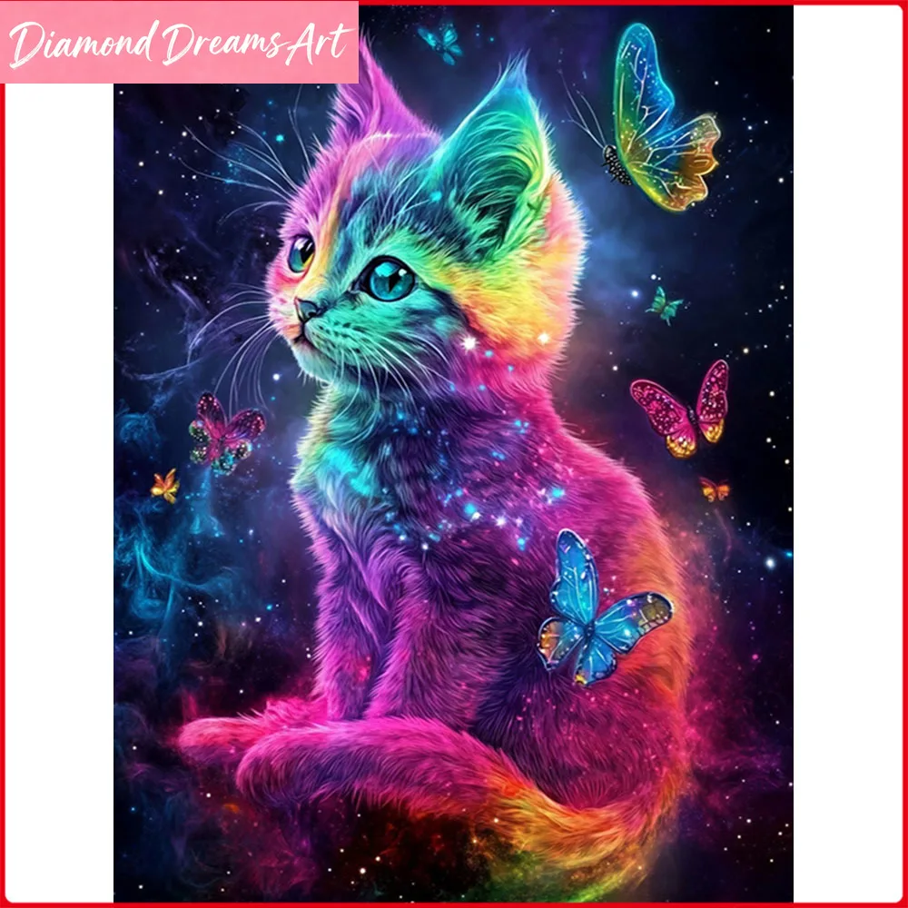 

Новинки 2025: Алмазная мозаика «Красочный кот и бабочка», полный комплект, картина из страз, без рамы