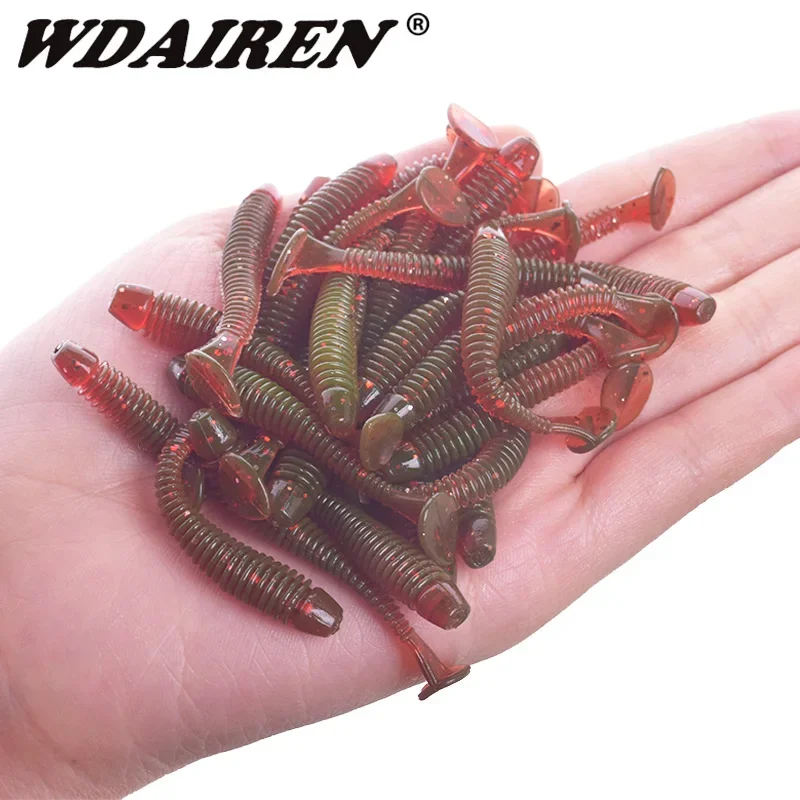 

50pcs or 20pcs Worm fake Soft bait Jigging Wobbler 5cm 0.8g Artificial silicone Fishig Lure T tail Swimbait bait fly Tackle