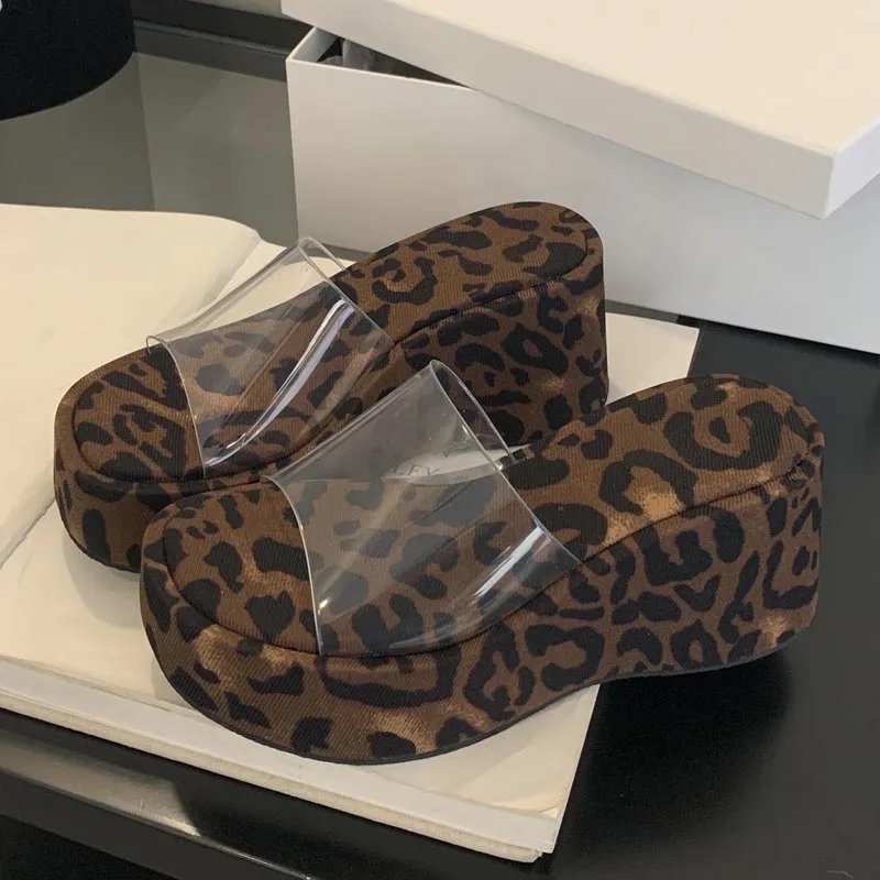 

Eilyken New Design PVC Transparent Leopard Print Platform Wedges Women's Slippers Summer High Heels Slide Shoes