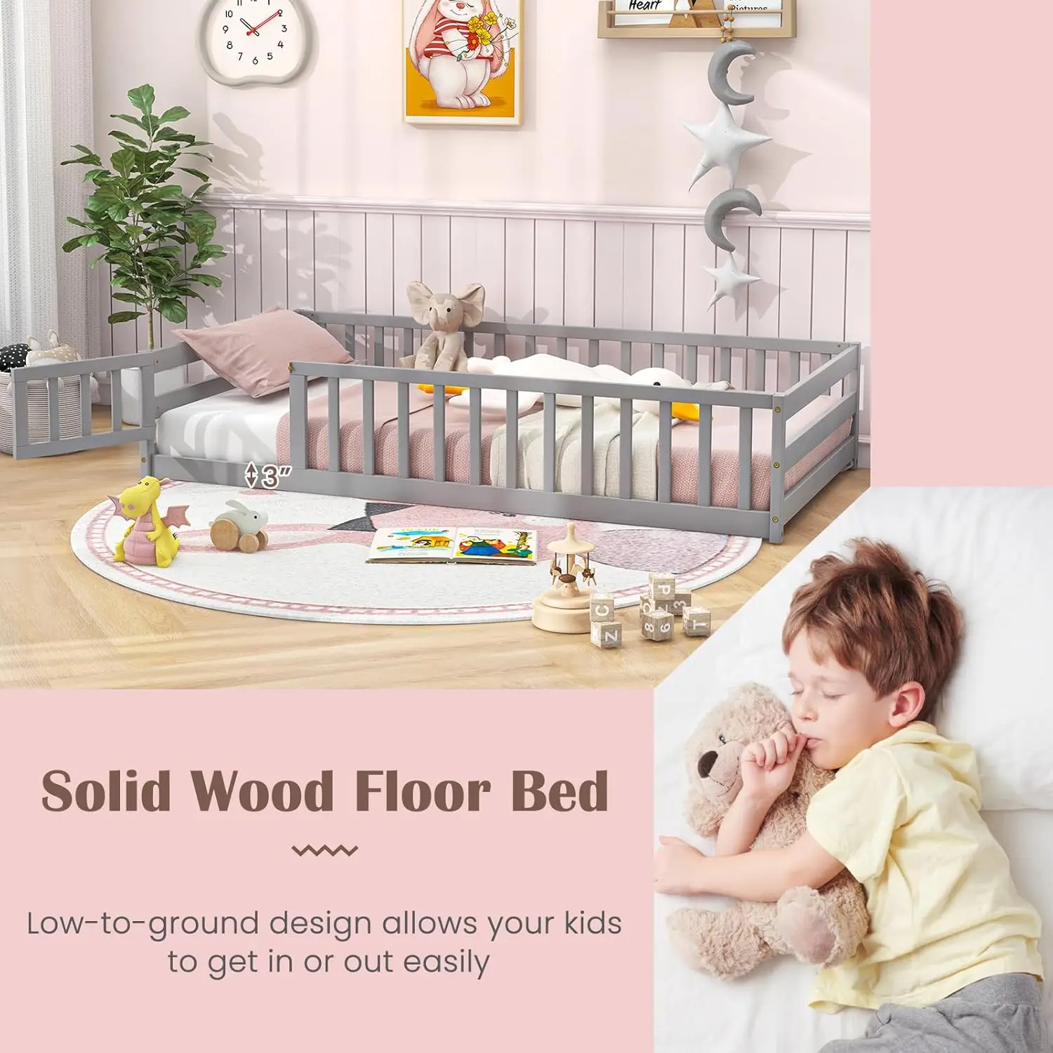 إطار سرير مونتيسوري خشبي مع باب ودرابزين أمان، سرير أرضي للأطفال والأولاد والبنات، لا حاجة إلى صندوق زنبركي، بدون خشب S