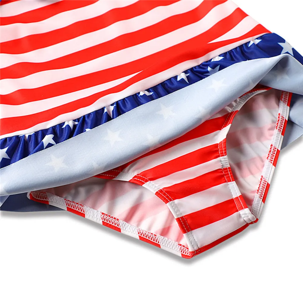 

America Flag Toddler Girl Swimwear Baby One-Piece Swimsuit 4-5 Years Old Flouncing Lace Beachwear Swimming Costume Summer