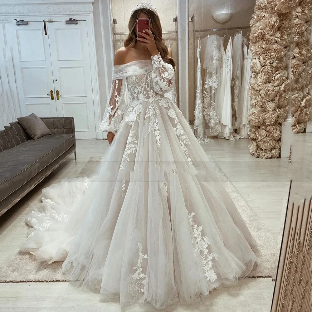 Klassische Boho Brautkleider abnehmbare Puff Langarm Spitze Brautkleid Vintage Brautkleider Korsett zurück Robe de Mariage