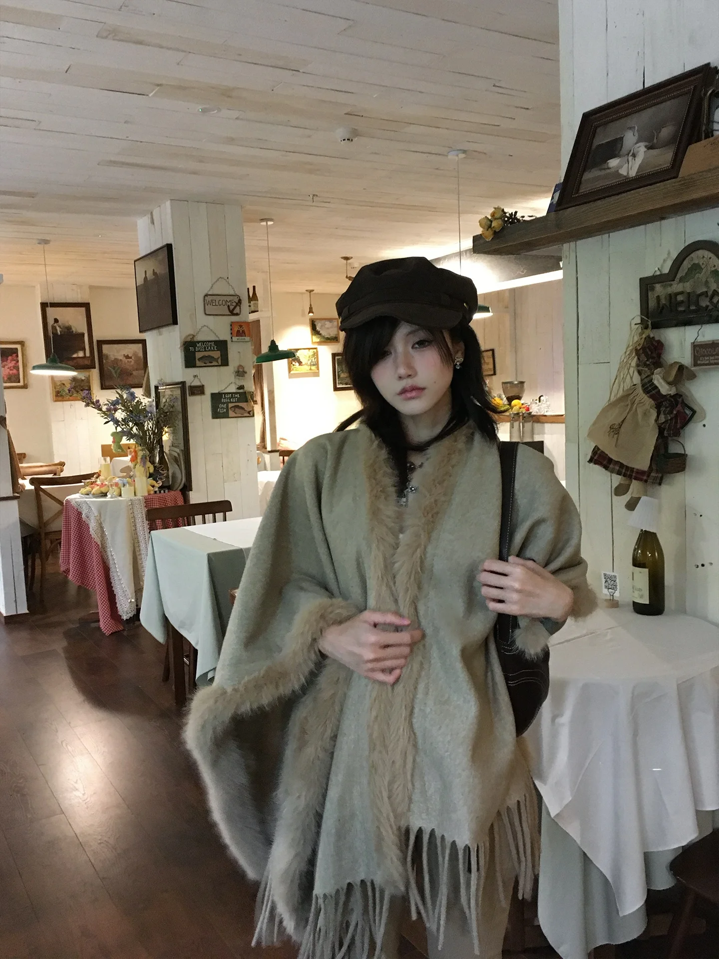 

Двустороннее шерстяное пальто-накидка Forlions средней длины с меховым воротником и бахромой, осенне-зимнее, женское, модное