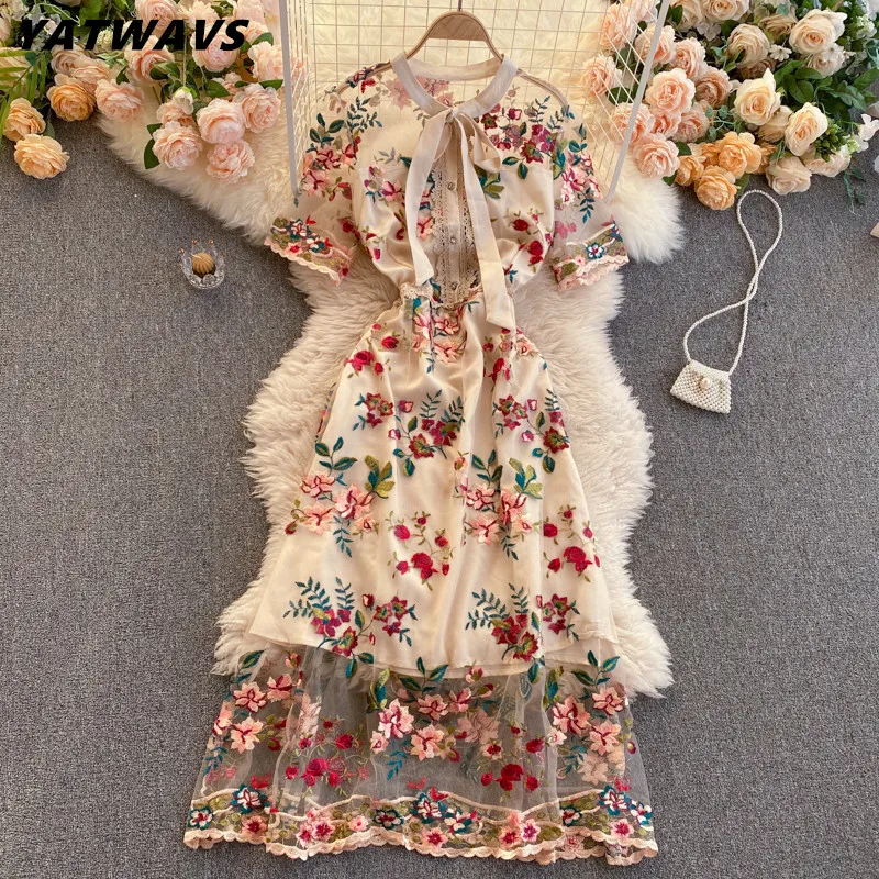 Summer New Arrival Women Vintage Mesh Floral Embroidery Flower Dress Ladies Fashion Bow Tie Short Sleeve A-line Party Dresses