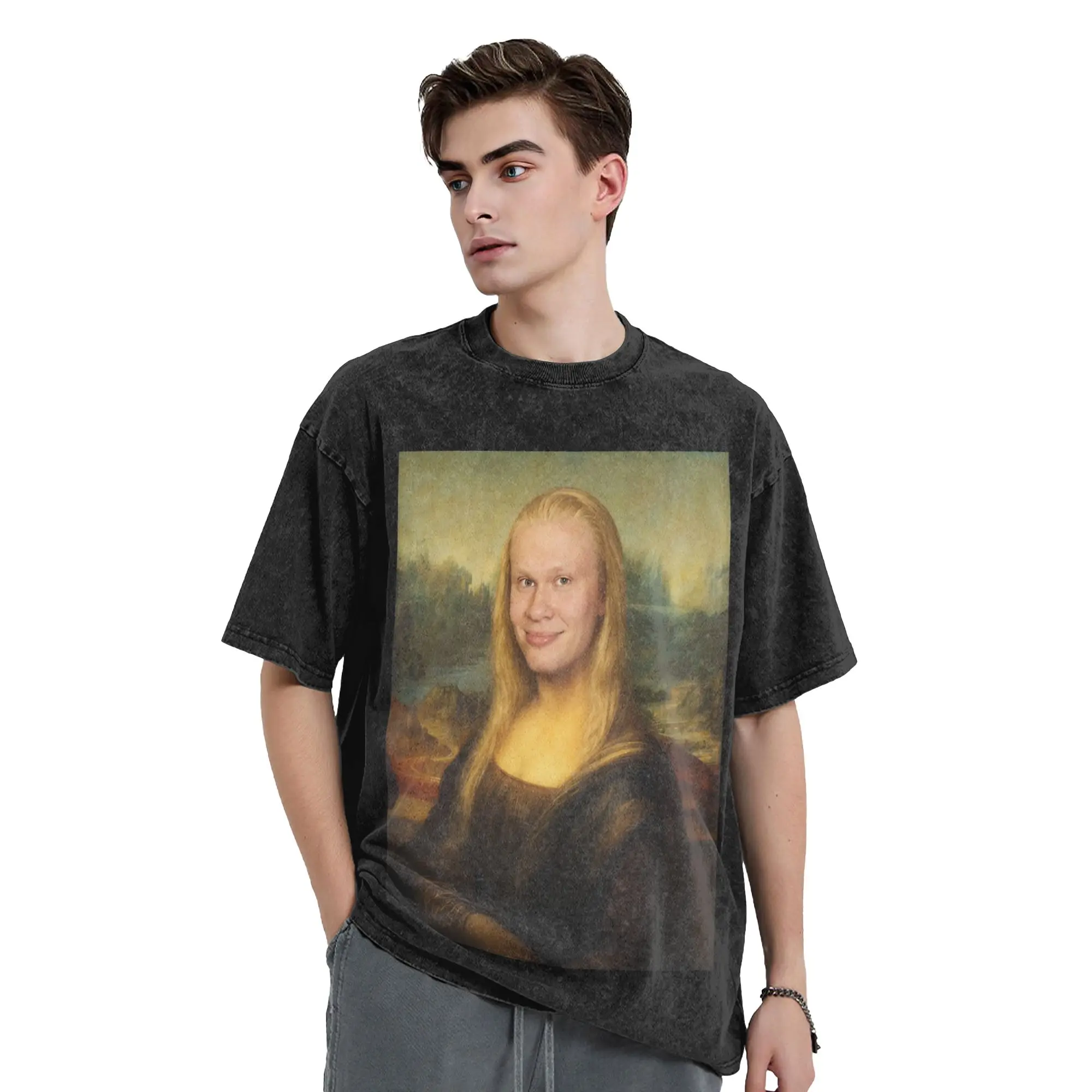 H-Haalands Mona Lisa Meme Norway  Washed T Shirt for Men Women Cotton Vintage T-Shirt Crewneck  Tees Short Sleeve Clothes 6XL