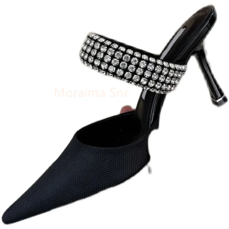 2023 Spring New Pointed Toe Women's Slipper Mules Shoes Rhinestone Belt Flip Flops Ladies Slip On Thin Heels Slides Sandals