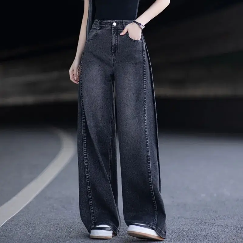 

2025 Autumn/Winter New Wide Leg Jeans for Women Black Simple Commuting Style Nine Point Loose and Slim Straight Leg Pants