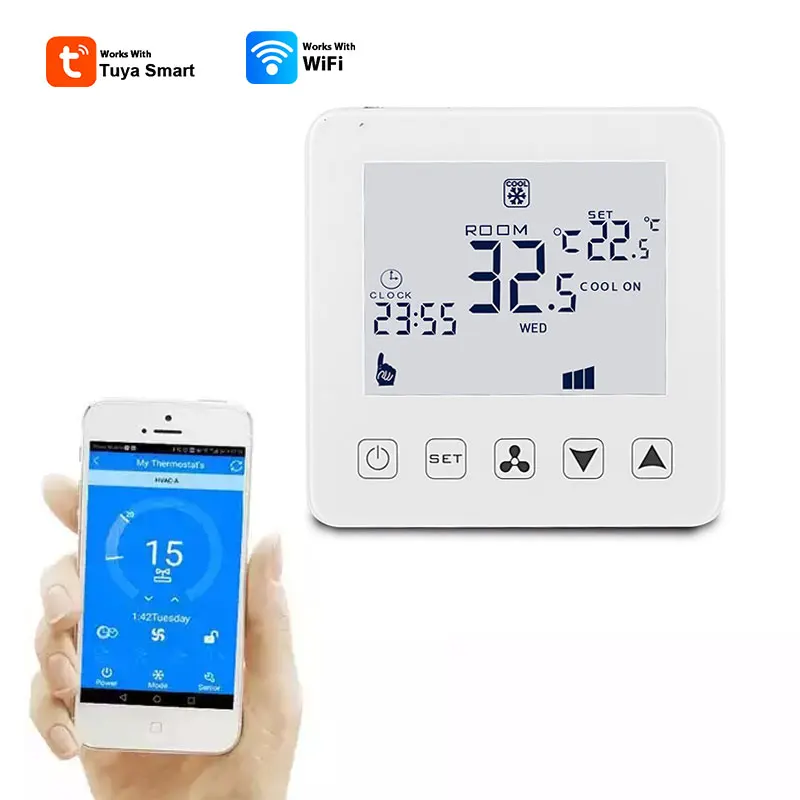 Wi-Fi Tuya Temperature Heating Thermostat Controller WiFi 2 Cables Fan Coin Unit Central Air Con Tuya Oficial Store Smart Home