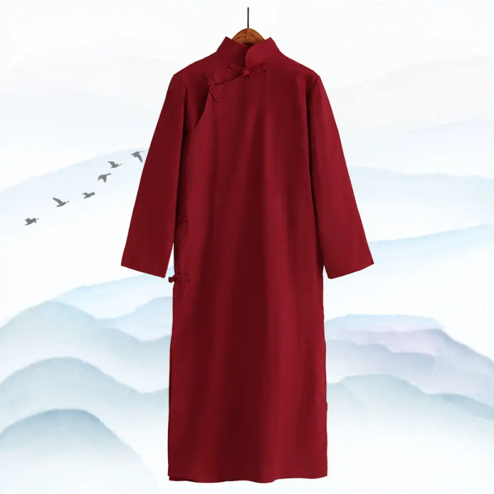 Traditional Chinese Mens Long Changshan Vintage Stage Costume Republic Style Teacher Cosplay Outfit Cultural