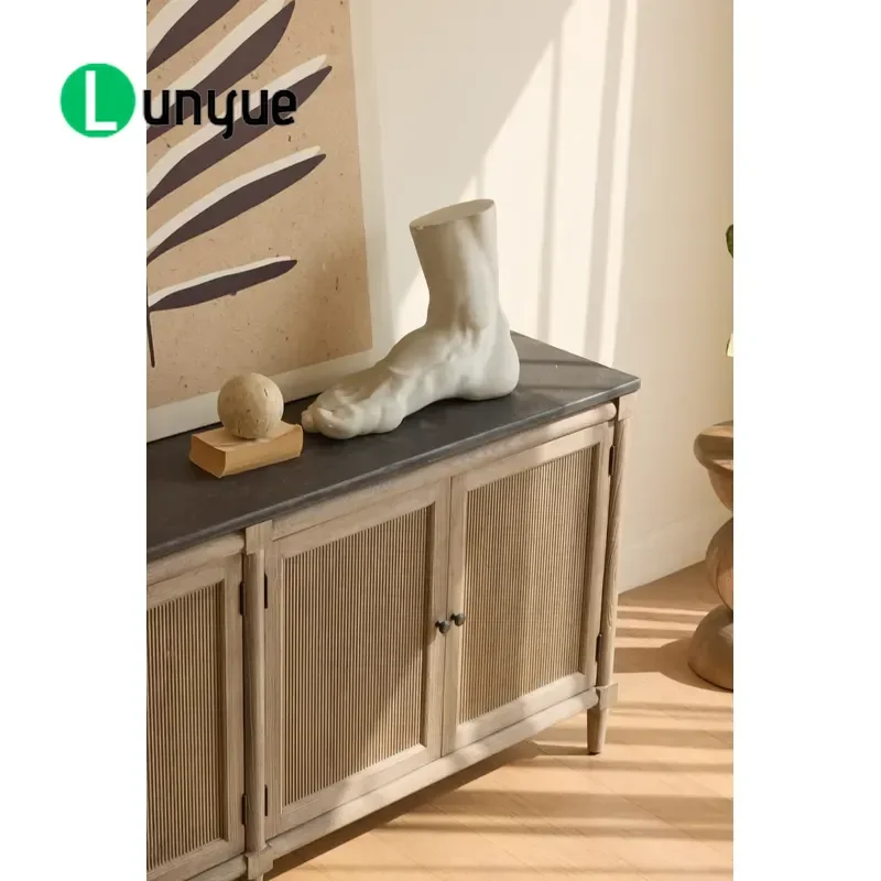 French Retro Style Grasse Gray Solid Elm Wood 4 Door Cabinet Living Room Storage Furniture Vintage Home Decor