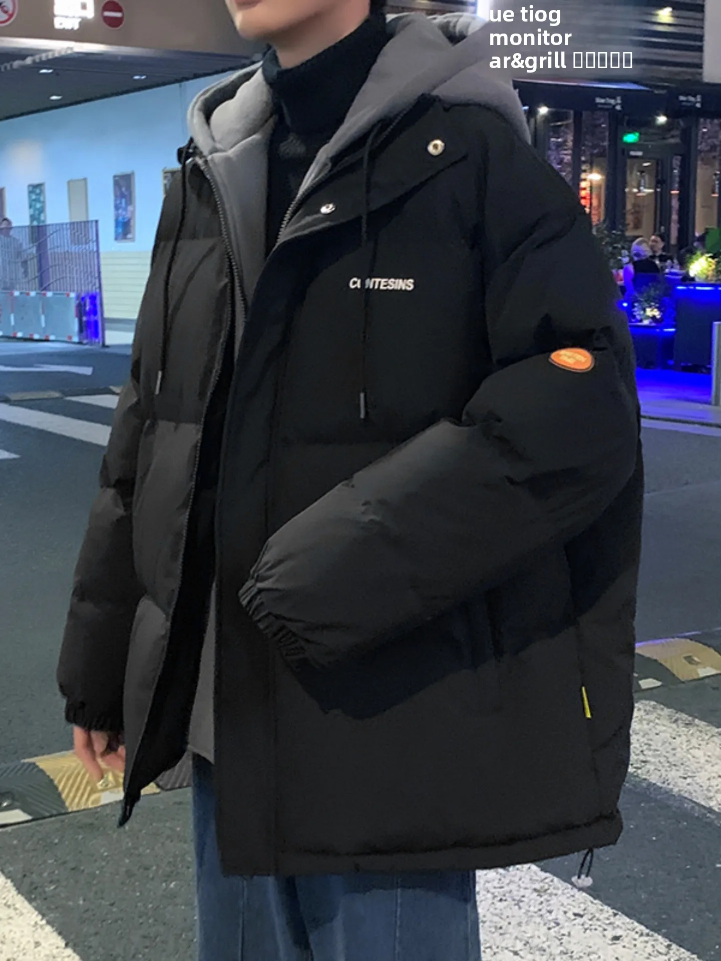 

Teenage Boys Thiened down Cotton Jaet Winter Outerwear Fake Two-Piece Hooded Zipper Warm Long Sve Casual Faionable