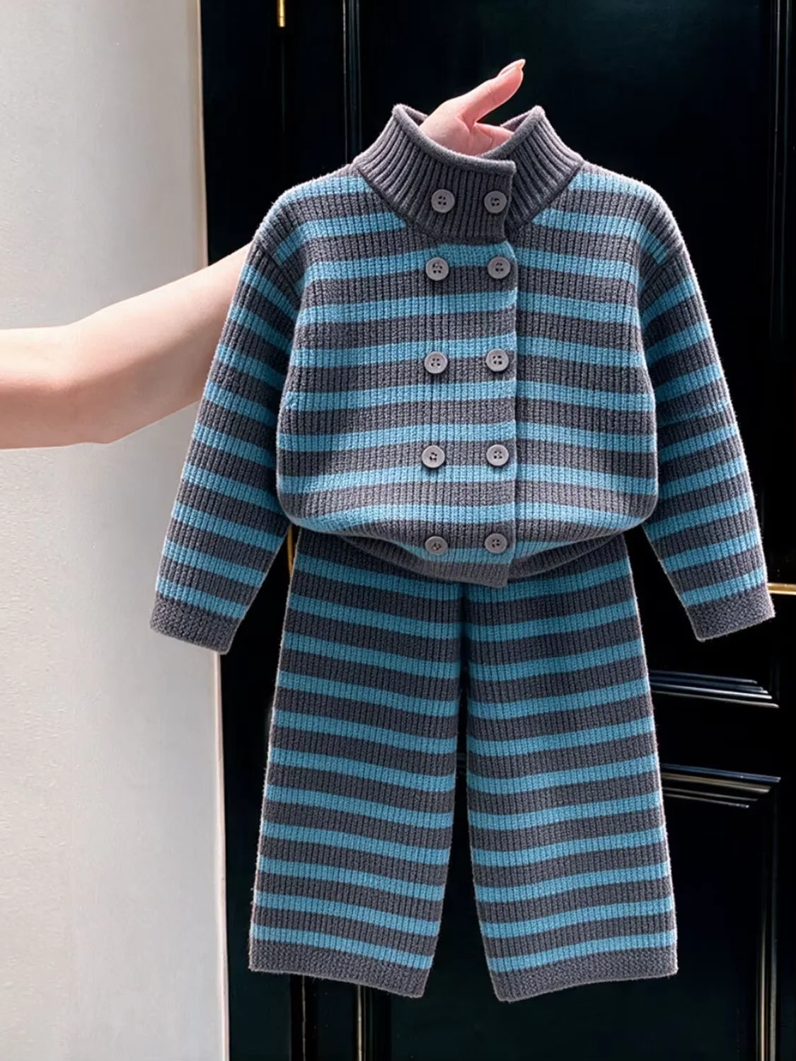 Boys' Set Autumn And Winter New Style Children's Blue Grey Striped Knitted High Collar Sweater Wide Leg Pants Two-piece Set