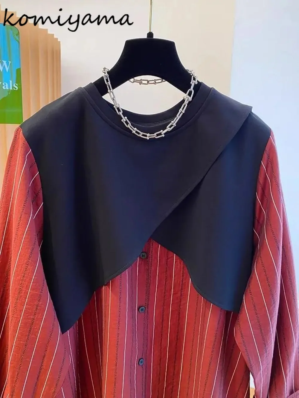 

Hit Color Striped 2025 Shirts & Blouses Fake Two-Piece Ropa De Mujer Autumn Blusas Loose O-neck Camisas Fashion Woman Clothing