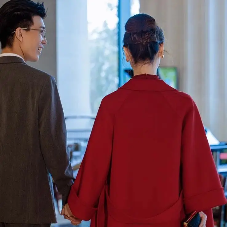 여성용 레드 울 캐머 코트, 봄 결혼식 축하복, 신부의 집에 오는 길, 캐주얼, 고급스러운 느낌, 물결무늬...