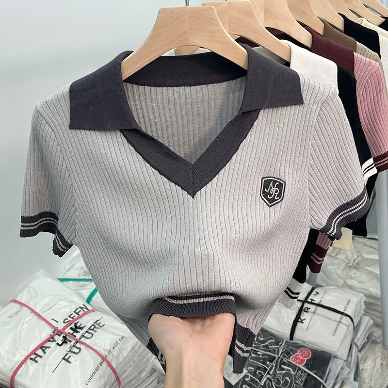 

Knit Polo Shirt Short V-neck Top Designs Women's Summer Tees Spice Girls Lapel Color Combination Streetwear Womenswear Trends