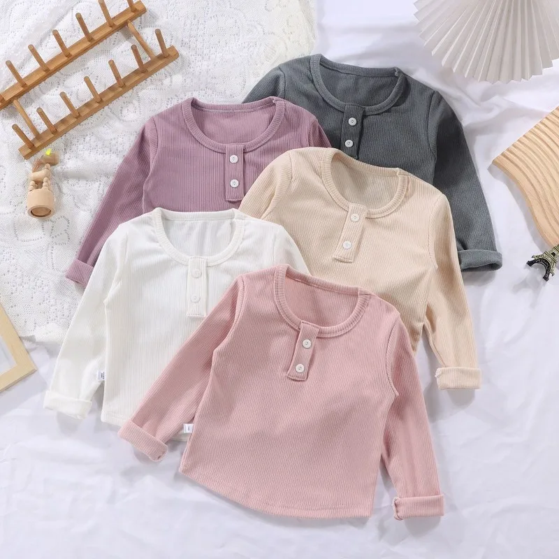 Spring Autumn Solid Color Keep Warm Baby Boys Girls 2024 New Children Long Sleeve Boys Girls Boys Base Shirt 1-8Years