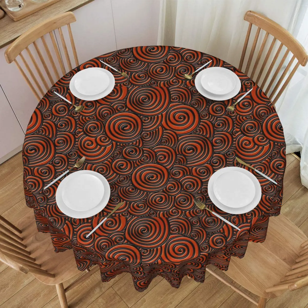 Embossed Doodle Swirl On Orange Leather Tablecloth Round Vintage Floral Textures Table Cloth Cover for Banquet 60 inches