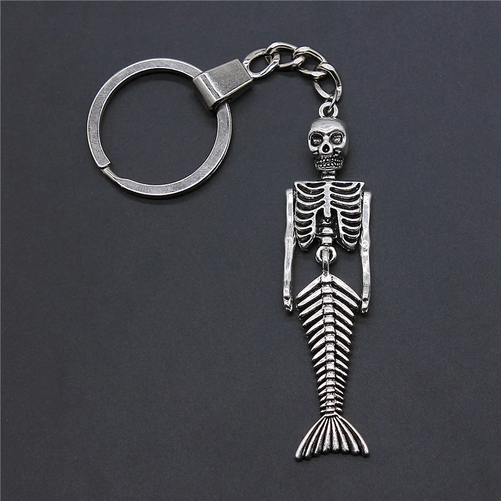 Souvenirs Gift Men Keychain 2 Colors 18x74mm Mermaid Skull Pendant Keyring DIY Metal Holder Chain