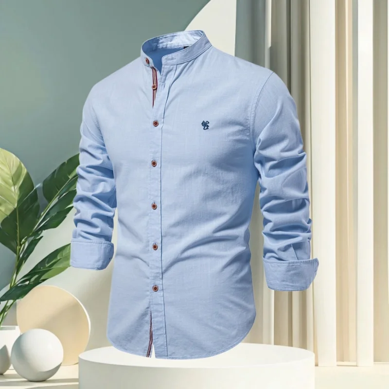 

Men's new spring/summer trendy business shirt with stand-up collar, casual and fashionable plain-colored long-sleeved shirt