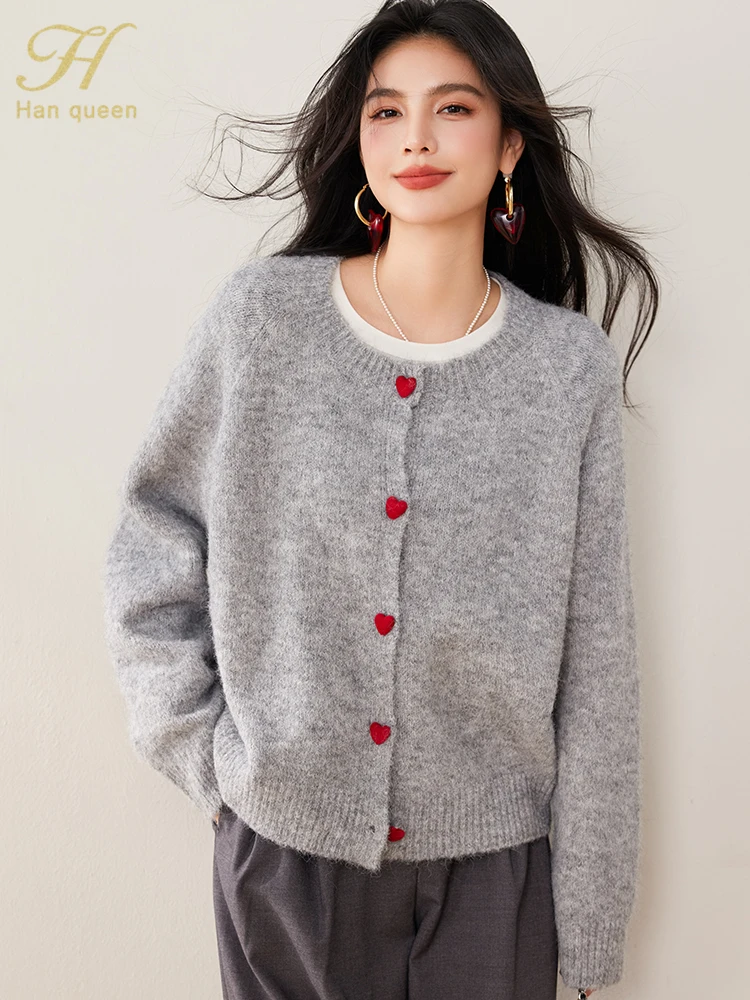 

H Han Queen Autumn Cardigans Sweaters Soft Elastic Love Button Korean Loose Chic Women Casual Basic Long Sleeve Vintage Tops