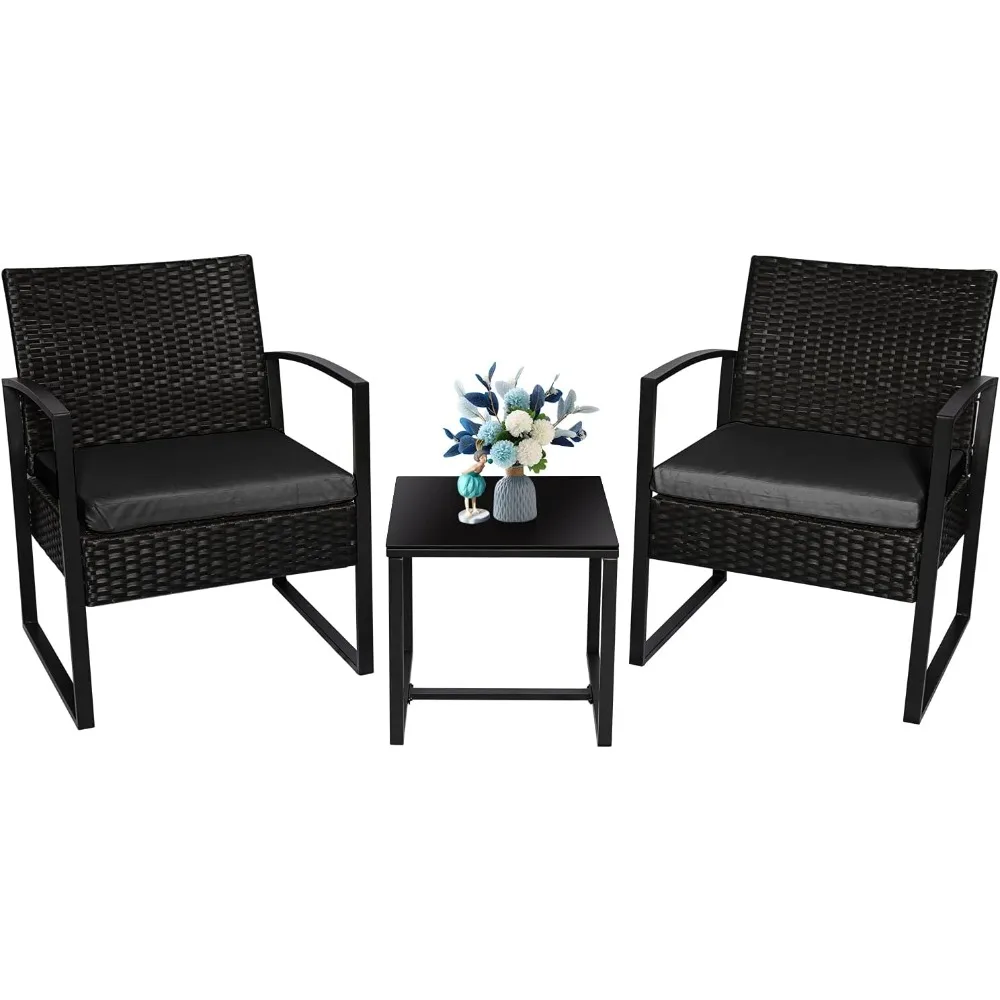 

3 Piece Patio Furniture Set Of 2 With Table,Outdoor Wicker Rattan Conversation Set,Porch PE Rattan Outdoor Bistro Tab