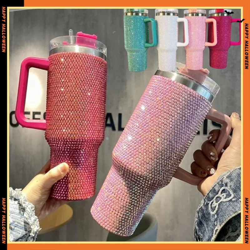 40oz Rhinestone Tumbler Women Shiny Diamond Stainless Steel Straw Cup Travel Car Thermoses Coffee Mug Water Bottle Drinkware