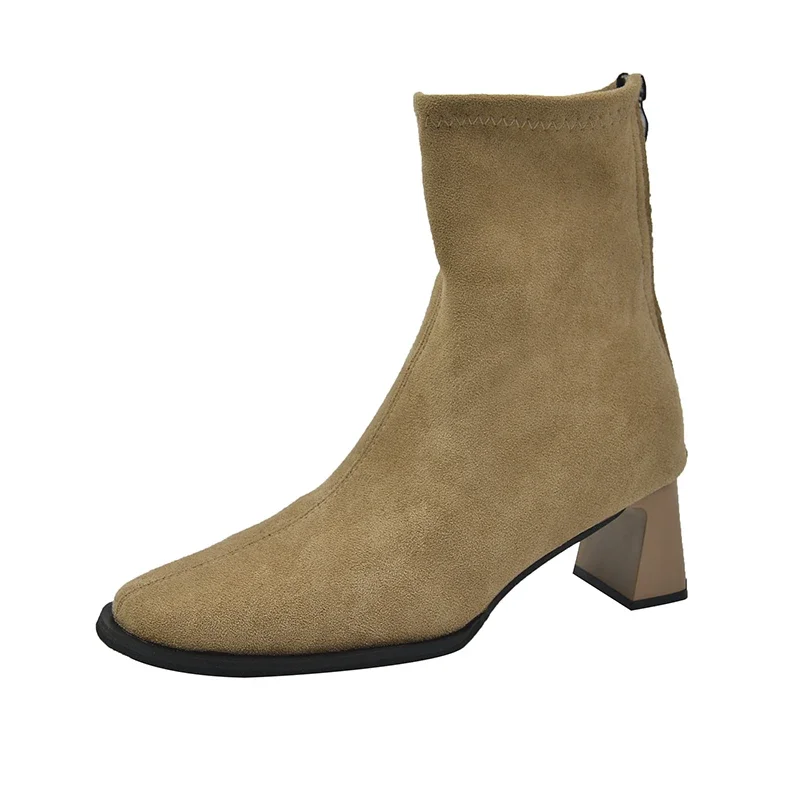 Vintage Suede Women Ankle Boots Fashion Back Zippers Shoes Autumn Winter Thick Heel Ladies Elegant Slim Short Booties