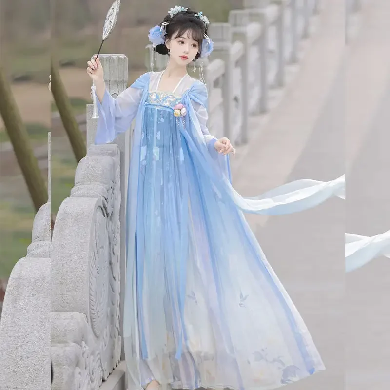 2024 Zomer Originele Tang-dynastie Geborduurde Hanfu Jurken voor Vrouwen 4 Kleuren Zoete Fee Kleding Chinese Kostuum Carnaval