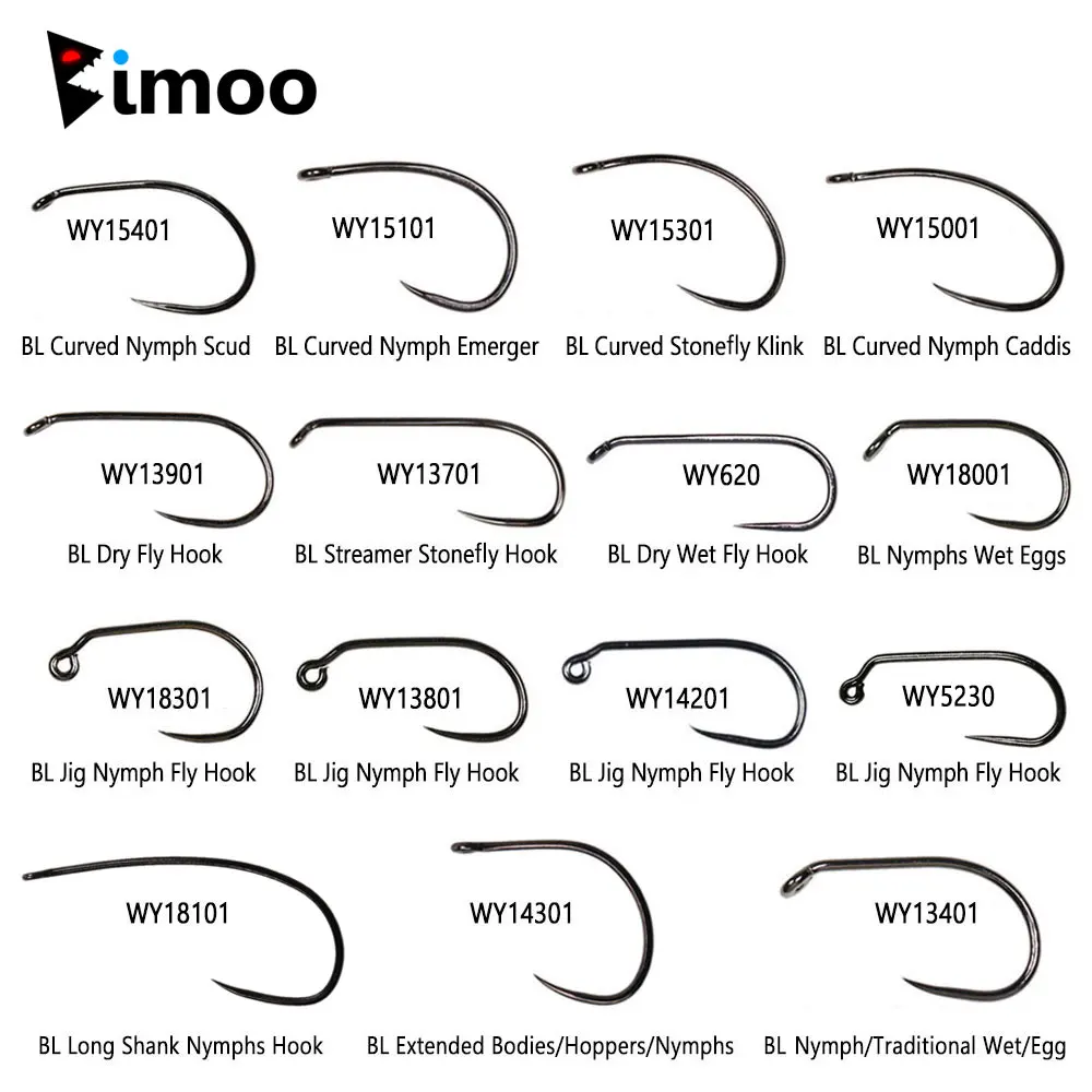 Bimoo 200pcs High Carbon Steel Barbless Fly Tying Hook For Nymph Scud Caddis Streamer Dry Wet Jig Nymph Fly Trout Fishing Lures