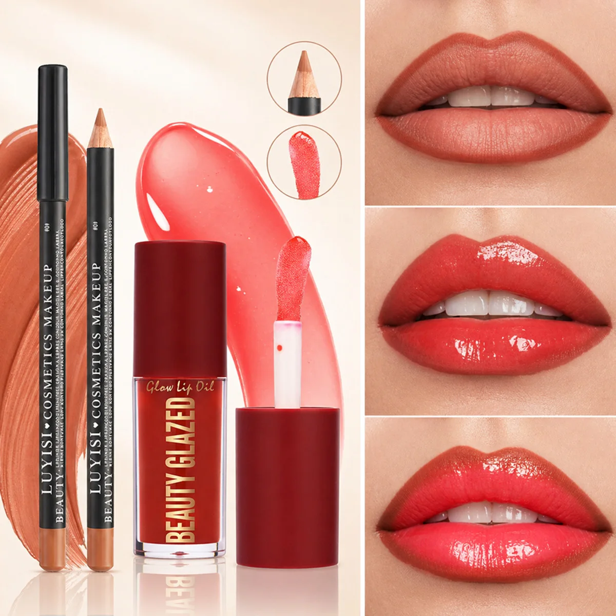2pcs Lip Makeup Set:1pc Lipliner+1pc Lipgloss,Smooth Lip Liner,Color-Rich Moisturizing Lip Gloss, Naturally Outlines The Lips.