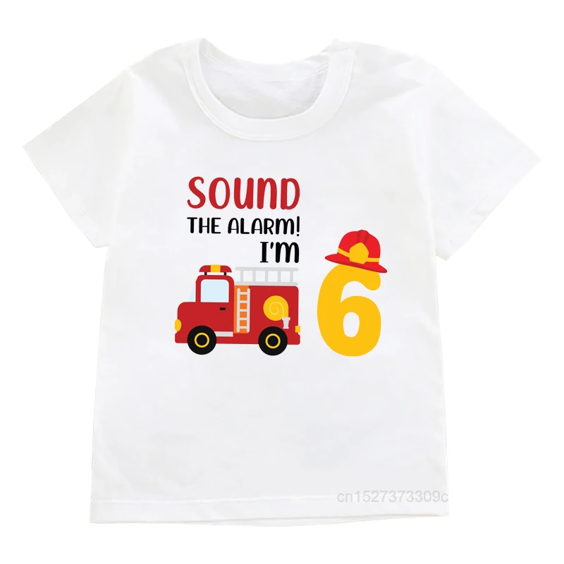 Boys/Girls Cool Firefighter Car 1-8 Birthday Numbers Tshirt Children Happy Birthday T Shirt White T-Shirt Baby Fire Truck Top