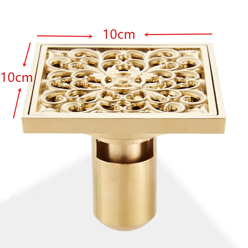 Golden Floor Drains Brass Shower Floor Drain Bathroom Deodorant Euro 10*10 cm Square Floor Drain Strainer Cover Grate Waste