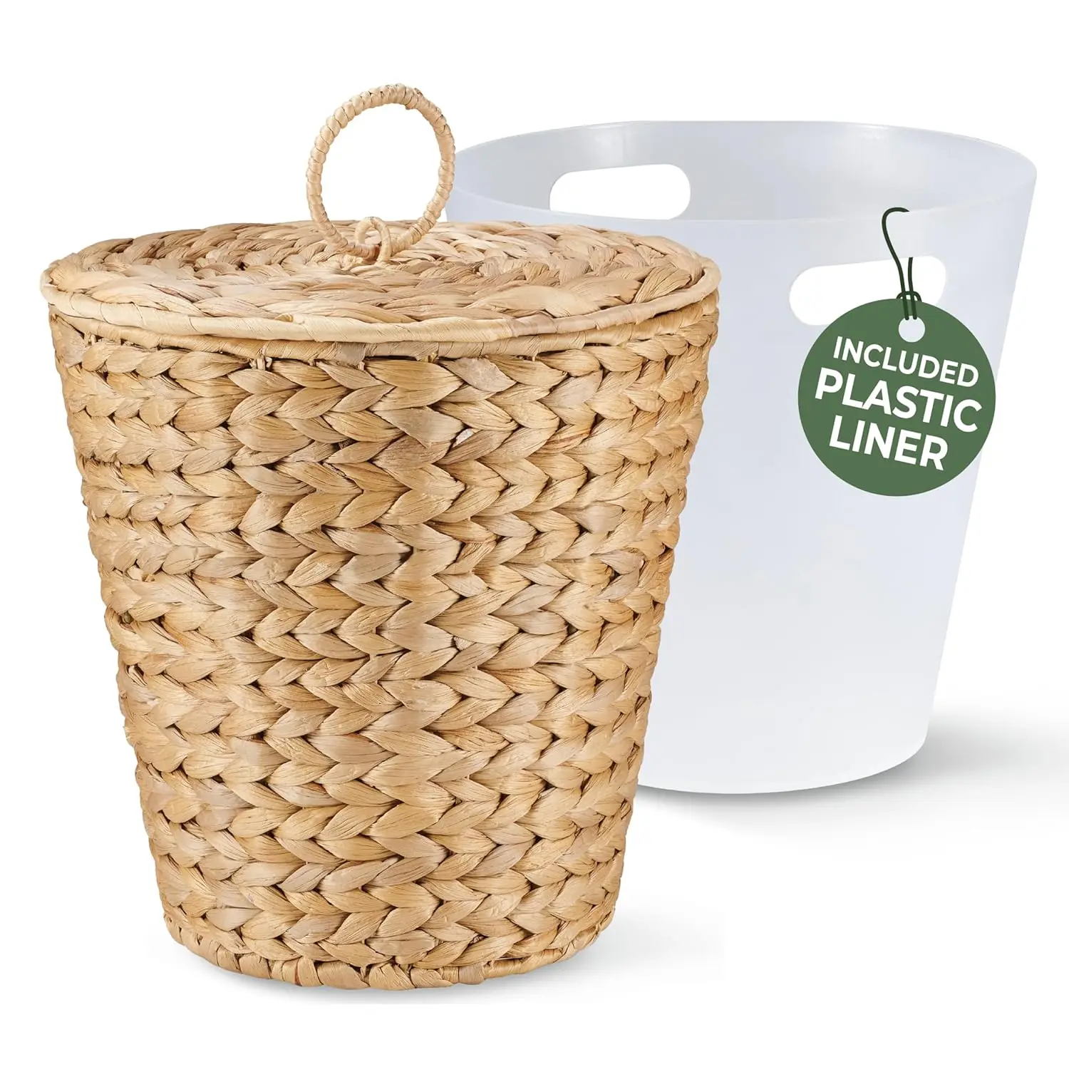 

3 Gallon Wicker Trash Can with Lid and Liner - Rattan Waste Basket for Bathroom, Kitchen, Living Room