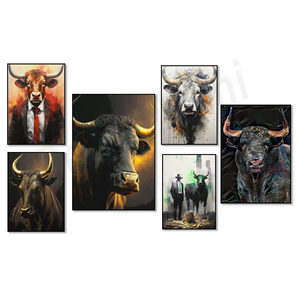Abstract Bull Bull Market Oil Painting Print on Canvas Poster and Prints Bull Wall Art Picture for Living Room Office Decor