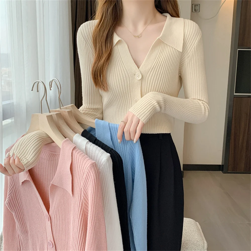 

Knitted Women Sweater Pullovers Sexy V Neck Long Sleeve POLO Neck Knit Cardigan Sweater Tops Casual Slim Pullover Korean Sweater