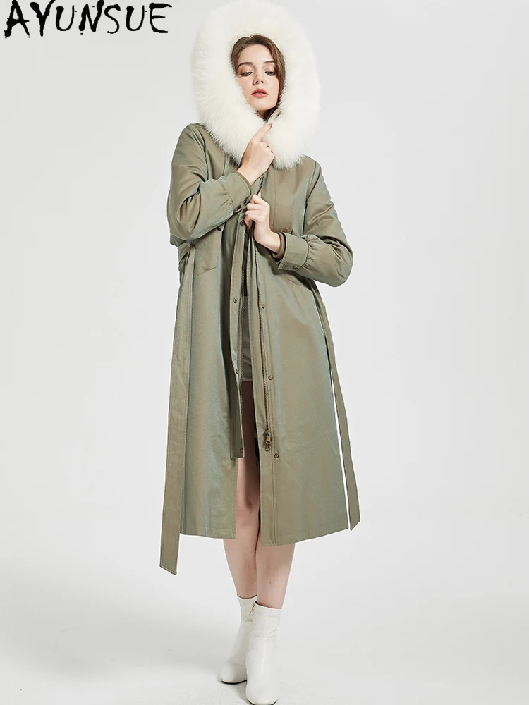AYUNSUE Parka in pelliccia di coniglio Rex Donna 2025 Cappotti di vera pelliccia Abiti invernali Trench stile lungo Caldo collo di pelliccia di volpe П199ьто Ж брае