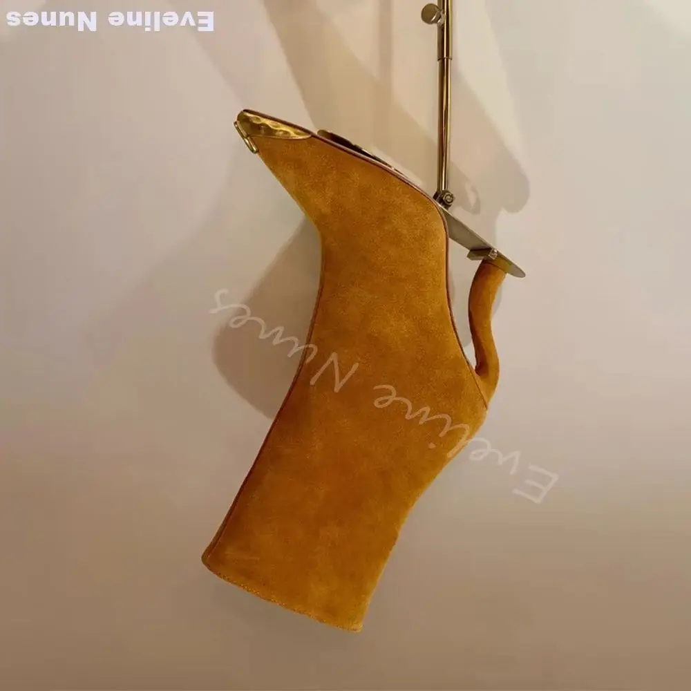 

Metal Pointed Toe Suede Ankle Boots Women Orange/blue Leather Shaped Heel Side Zipper Stretch Boots 2026 Fashion New Short Boots