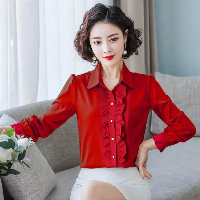 2024 Autumn New Fashion Patchwork Solid Color Turn-down Collar Long Sleeve Blouse Ladies All-match Buttons Ruffles Women\'s Shirt