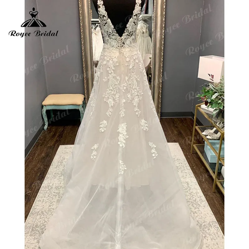 Vestidos Cổ V Sâu Phối Ren Appliques Hở Lưng Áo Cưới Đen Phối Hồng Càn Quét Tàu Voan Áo Cưới Trouwjurk Dài Cô Dâu 2023