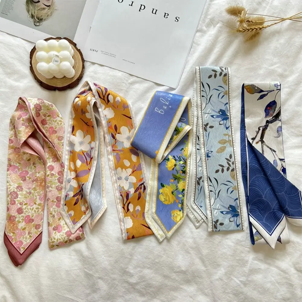 Summer Versatile Satin Silk Ribbon Scarf Fresh Floral Long Thin Bag Strap Narrow Hair Tie for Women